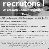 Offre d'emploi Dole : ASSISTANT(E) ADMINISTRATIF(VE) - CDI Temps partiel