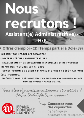 Offre d'emploi Dole : ASSISTANT(E) ADMINISTRATIF(VE) - CDI Temps partiel